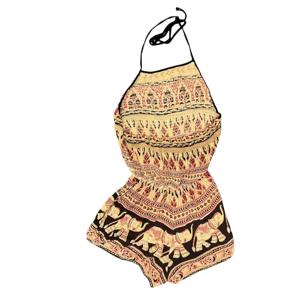 Angie Womens Elephant Print Halter Romper Black Cream Red Boho Festival Size S‎